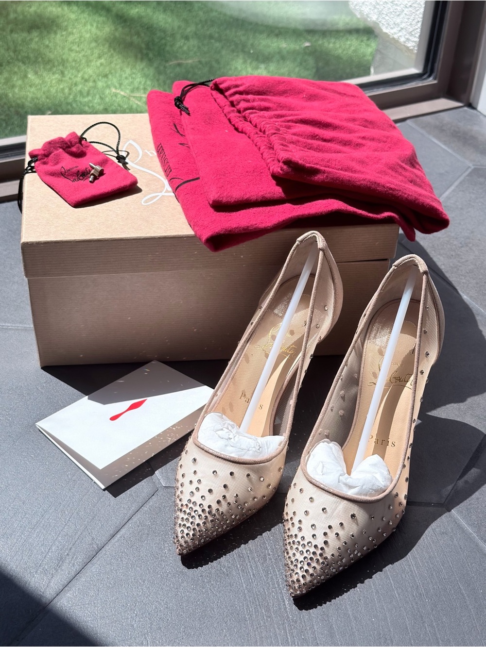 New Christian Louboutin Follies Strass 85 mm Pumps - Mesh and suede - Light Silk